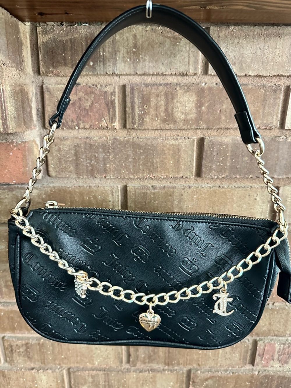 Juicy Couture Embossed Logo Chain Charm Shoulder Bag Black